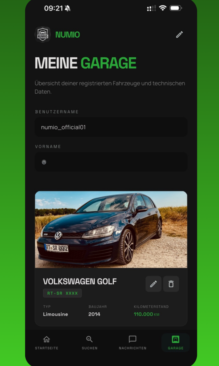 Numio Fahrzeugprofil Fahrzeugprofil in der Numio App mit Fotos und Fahrzeugdaten.